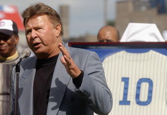 CHICAGO - SEPTEMBER 28:  Former Chicago Cub third baseman Ron Santo speaks to the fans during a retirement ceremony for Santo's uniform number 10 before a game against the Pittsburgh Pirates on September 28, 2003 at Wrigley Field in Chicago, Illinois.  The Pirates defeated the Cubs 3-2.  (Photo by Jonathan Daniel/Getty Images)