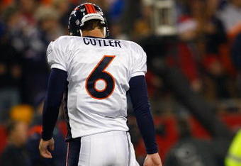 FOXBORO, MA - OCTOBER 20: Jay Cutler #6 of the Denver Broncos walks off the field against the New England Patriots at Gillette Stadium on October 20, 2008 in Foxboro, Massachusetts. (Photo by Jim Rogash/Getty Images)