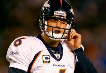 SAN DIEGO - DECEMBER 28:  Quarterback Jay Cutler #6 of the Denver Broncos walks to the sidelines during the NFL game against the San Diego Chargers at Qualcomm Stadium on December 28, 2008 in San Diego, California. The Chargers defeated the Broncos 52--21.  (Photo by Jeff Gross/Getty Images)