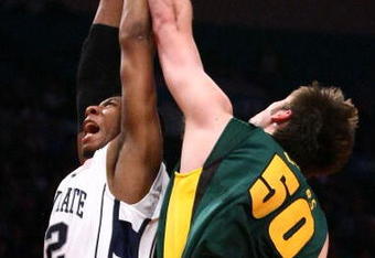 NEW YORK - APRIL 02: Josh Lomers #50 of the Baylor Bears contests a rebound with Andrew Jones #22 of the Penn State Nittany Lions during the NIT Championship match at Madison Square Garden on April 2, 2009 in New York, New York.  (Photo by Chris McGrath/Getty Images)