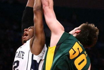 NEW YORK - APRIL 02: Josh Lomers #50 of the Baylor Bears contests a rebound with Andrew Jones #22 of the Penn State Nittany Lions during the NIT Championship match at Madison Square Garden on April 2, 2009 in New York, New York.  (Photo by Chris McGrath/Getty Images)