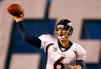 SAN DIEGO - DECEMBER 28:  Quarterback Jay Cutler #6 of the Denver Broncos throws a pass against the San Diego Chargers during the NFL game at Qualcomm Stadium on December 28, 2008 in San Diego, California. The Chargers defeated the Broncos 52--21.  (Photo by Jeff Gross/Getty Images)