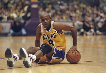 24 May 1998: Nick Van Exel #9 of the Los Angeles Lakers looks on during a Western Conference Final game against the Utah Jazz at the Great Western Forum in Inglewood, California. The Jazz defeated the Lakers 96-92.