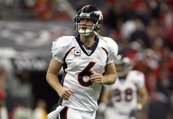 HOUSTON - DECEMBER 13:  Jay Cutler #6 of the Denver Broncos jogs off the field against the Houston Texans during the NFL game against the at  Reliant Stadium on December 13, 2007 in Houston, Texas. (Photo by Thomas B.  Shea/Getty Images) 