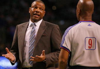 BOSTON, MA - MARCH 8: Coach Doc Rivers of the Boston Celtics has words with an official during a game with Orlando Magic at the TD Banknorth Garden on March 8, 2009 in Boston, Massachusetts. NOTE TO USER: User expressly acknowledges and agrees that, by downloading and/or using this Photograph, user is consenting to the terms and conditions of the Getty Images License Agreement. (Photo by Jim Rogash/Getty Images)