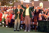 13 Apr 1986:  Jack Nicklaus of the USA receives the Green Jacket from previous winner Bernhard Langer of Germany after victory in the US Masters at Augusta National in Georgia, USA. Mandatory Credit: David Cannon /Allsport