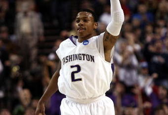 PORTLAND, OR - MARCH 21:  Isaiah Thomas #2 of the Washington Huskies reacts after making a three-pointer in the first half against the Purdue Boilermakers during the second round of the NCAA Division I Men's Basketball Tournament at the Rose Garden on March 21, 2009 in Portland, Oregon.  (Photo by Jonathan Ferrey/Getty Images)