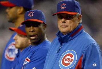 LOS ANGELES, CA - OCTOBER 04:  Manager Lou Piniella of the Chicago Cubs and Alfonso Soriano #12 look on during pregame introductions before taking on the Los Angeles Dodgers in Game Three of the NLDS during the 2008 MLB playoffs on October 4, 2008 at Dodger Stadium in Los Angeles, California. The Dodgers defeated the Cubs 3-1 to advance to the NLCS.  (Photo by Jeff Gross/Getty Images)