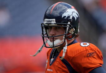 DENVER - SEPTEMBER 21:  Quaterback Jay Cutler #6 of the Denver Broncos warms up prior to facing the New Orleans Saints during NFL action at Invesco Field at Mile High on September 21, 2008 in Denver, Colorado. The Broncos defeated the Saints 34-32.  (Photo by Doug Pensinger/Getty Images)