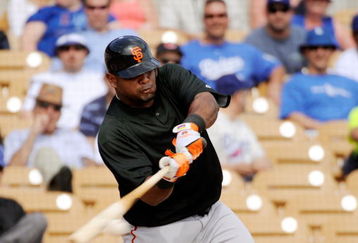 GLENDALE, AZ - MARCH 04:  Pablo Sandoval #48 of the San Francisco Giants hits a single against the Los Angeles Dodgers during a spring training game on March 4, 2009, in Glendale, Arizona.  (Photo by Kevork Djansezian/Getty Images)