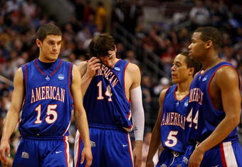 PHILADELPHIA - MARCH 19:  Frank Borden #15, Brian Gilmore #14, Garrison Carr #5 and Jordan Nichols #44  of the American Eagles look on during the game against the Villanova Wildcats during the first round of the NCAA Division I Men's Basketball Tournament at the Wachovia Center on March 19, 2009 in Philadelphia, Pennsylvania.  (Photo by Jim McIsaac/Getty Images)