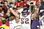 SAN FRANCISCO - DECEMBER 9:  Linebacker Chad Greenway #52 of the Minnesota Vikings celebraters a score against the San Francisco 49ers during a game on December 9, 2007 at Monster Park in San Francisco, California. (Photo by Greg Trott/Getty Images)
