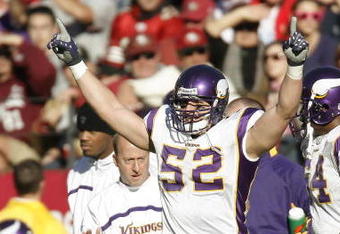 SAN FRANCISCO - DECEMBER 9:  Linebacker Chad Greenway #52 of the Minnesota Vikings celebraters a score against the San Francisco 49ers during a game on December 9, 2007 at Monster Park in San Francisco, California. (Photo by Greg Trott/Getty Images)