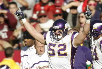 SAN FRANCISCO - DECEMBER 9:  Linebacker Chad Greenway #52 of the Minnesota Vikings celebraters a score against the San Francisco 49ers during a game on December 9, 2007 at Monster Park in San Francisco, California. (Photo by Greg Trott/Getty Images)