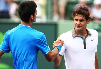 KEY BISCAYNE, FL - APRIL 03:  Roger Federer of Switzerland shakes hands with Novak Djokovic of Serbia after their men's semifinal during the Sony Ericsson Open at the Crandon Park Tennis Center on April 3, 2009 in Key Biscayne, Florida.  (Photo by Al Bello/Getty Images)