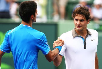 KEY BISCAYNE, FL - APRIL 03:  Roger Federer of Switzerland shakes hands with Novak Djokovic of Serbia after their men's semifinal during the Sony Ericsson Open at the Crandon Park Tennis Center on April 3, 2009 in Key Biscayne, Florida.  (Photo by Al Bello/Getty Images)