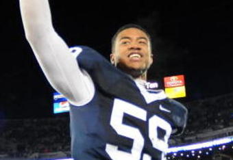 STATE COLLEGE, PA - NOVEMBER 22: Aaron Maybin #59 of the Penn State Nittany Lions reacts after clinching the Big Ten title and clinching a bid to the Rose Bowl after the game against the Michigan State Spartans on November 22, 2008 at Beaver Stadium in State College, Pennsylvania. Penn State won the game 49-18.  (Photo by Joe Sargent/Getty Images)