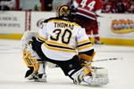 RALEIGH, NC - FEBRUARY 17:  Tim Thomas #30 of the Boston Bruins looks on during the game against the Carolina Hurricanes on February 17, 2009 at RBC Center in Raleigh, North Carolina.  (Photo by Kevin C. Cox/Getty Images)