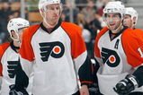 TORONTO - NOVEMBER 29:  Jeff Carter #17 and Simon Gagne #12 of the Philadelphia Flyers skate on the ice during the game against the Toronto Maple Leafs at the Air Canada Centre November 29, 2008 in Toronto, Ontario. (Photo By Dave Sandford/Getty Images)