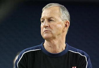 DETROIT - APRIL 03:  Head coach Jim Calhoun of the Connecticut Huskies looks on during practice prior to the Final Four of the NCAA Division I Men's Basketball Tournament at Ford Field on April 3, 2009 in Detroit, Michigan.  (Photo by Andy Lyons/Getty Images)