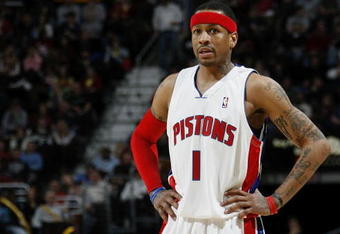 CLEVELAND - FEBRUARY 22:  Allen Iverson #1 of the Detroit Pistons looks on while playing the Cleveland Cavaliers on February 22, 2009 at the Quicken Loans Arena in Cleveland, Ohio. Cleveland won the game 99-78. NOTE TO USER: User expressly acknowledges and agrees that, by downloading and or using this photograph, User is consenting to the terms and conditions of the Getty Images License Agreement.  (Photo by Gregory Shamus/Getty Images)