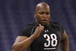 INDIANAPOLIS, IN - FEBRUARY 21:  Offensive lineman Eugene Monroe of Virginia runs the 40 yard dash during the NFL Scouting Combine presented by Under Armour at Lucas Oil Stadium on February 21, 2009 in Indianapolis, Indiana. (Photo by Scott Boehm/Getty Images)