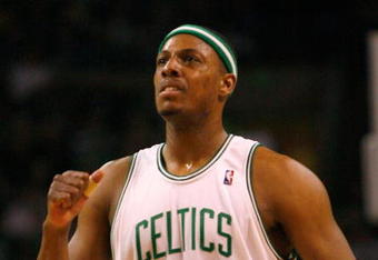 BOSTON, MA - MARCH 6: Paul Pierce #34 of the Boston Celtics reacts during a game against the Cleveland Cavaliers at the TD Banknorth Garden on March 6, 2009 in Boston, Massachusetts. NOTE TO USER: User expressly acknowledges and agrees that, by downloading and/or using this Photograph, user is consenting to the terms and conditions of the Getty Images License Agreement. (Photo by Jim Rogash/Getty Images)
