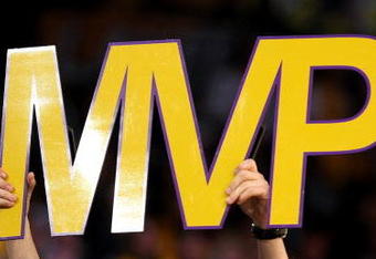 LOS ANGELES, CA - MAY 07:  A fan holds up an MVP sign as Kobe Bryant #24 of the Los Angeles Lakers is awarded the MVP trophy during the Lakers' win over the Utah Jazz in Game Two of the Western Conference Semifinals during the 2008 NBA Playoffs on May 7, 2008 at Staples Center in Los Angeles, California.  NOTE TO USER: User expressly acknowledges and agrees that, by downloading and/or using this Photograph, user is consenting to the terms and conditions of the Getty Images License Agreement.  (Photo by Stephen Dunn/Getty Images)