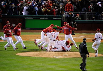 PHILADELPHIA - OCTOBER 29:  The Philadelphia Phillies celebrate after they won 4-3 against the Tampa Bay Rays during the continuation of game five of the 2008 MLB World Series on October 29, 2008 at Citizens Bank Park in Philadelphia, Pennsylvania.  (Photo by Jeff Zelevansky/Getty Images)