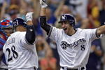 MILWAUKEE - SEPTEMBER 28:  Ryan Braun #8 of the of the Milwaukee Brewers celebrates his game winning two run home run against the Chicago Cubs with teammate Prince Fielder #28 in the eighth inning at Miller Park on September 28, 2008 in Milwaukee, Wisconsin. The Brewers defeated the Cubs 3-1 (Photo by Darren Hauck/Getty Images)