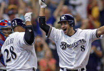 MILWAUKEE - SEPTEMBER 28:  Ryan Braun #8 of the of the Milwaukee Brewers celebrates his game winning two run home run against the Chicago Cubs with teammate Prince Fielder #28 in the eighth inning at Miller Park on September 28, 2008 in Milwaukee, Wisconsin. The Brewers defeated the Cubs 3-1 (Photo by Darren Hauck/Getty Images)
