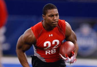 INDIANAPOLIS, IN - FEBRUARY 22:  Running back Knowshon Moreno of Georgia runs with the football during the NFL Scouting Combine presented by Under Armour at Lucas Oil Stadium on February 22, 2009 in Indianapolis, Indiana. (Photo by Scott Boehm/Getty Images)