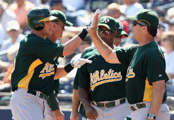 PEORIA, AZ - MARCH 07:  Ryan Sweeney #15 of the Oakland Athletics is congratulated by Bob Geren after hitting a home run during the spring training game against the San Diego Padres at Peoria Stadium on March 7, 2009 in Peoria, Arizona. The A's defeated the Padres 15-6.  (Photo by Christian Petersen/Getty Images)