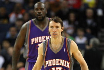 OAKLAND, CA - MARCH 15:  Steve Nash #13 and Shaquille O'Neal #32 of the Phoenix Suns look on against the Golden State Warriors during an NBA game on March 15, 2009 at Oracle Arena in Oakland, California. NOTE TO USER: User expressly acknowledges and agrees that, by downloading and or using this photograph, User is consenting to the terms and conditions of the Getty Images License Agreement.  (Photo by Jed Jacobsohn/Getty Images)