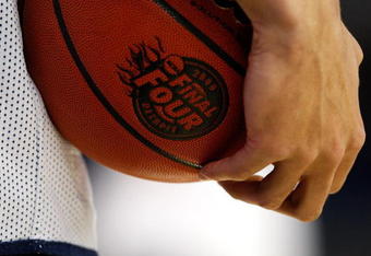 DETROIT - APRIL 03:  A detail of a player from the Connecticut Huskies holding a basketball with the 2009 Final Four logo on it during practice prior to the Final Four of the NCAA Division I Men's Basketball Tournament at Ford Field on April 3, 2009 in Detroit, Michigan.  (Photo by Streeter Lecka/Getty Images)