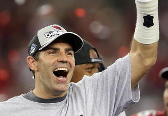 GLENDALE, AZ - JANUARY 18:  Quarterback Kurt Warner #13 of the Arizona Cardinals celebrates after winning the NFC championship game against the Philadelphia Eagles on January 18, 2009 at University of Phoenix Stadium in Glendale, Arizona. The Cardinals defeated the Eagles 32-25 to advance to the Super Bowl.  (Photo by Jed Jacobsohn/Getty Images)
