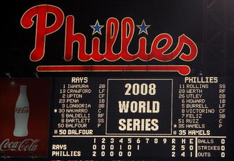 PHILADELPHIA - OCTOBER 29:  A shot of the scoreboard at the start of the bottom of the sixth inning between the Philadelphia Phillies and the Tampa Bay Rays during the continuation of game five of the 2008 MLB World Series on October 29, 2008 at Citizens Bank Park in Philadelphia, Pennsylvania.  (Photo by Jed Jacobsohn/Getty Images)