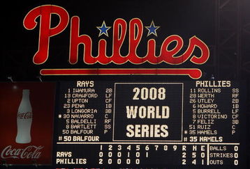 PHILADELPHIA - OCTOBER 29:  A shot of the scoreboard at the start of the bottom of the sixth inning between the Philadelphia Phillies and the Tampa Bay Rays during the continuation of game five of the 2008 MLB World Series on October 29, 2008 at Citizens Bank Park in Philadelphia, Pennsylvania.  (Photo by Jed Jacobsohn/Getty Images)