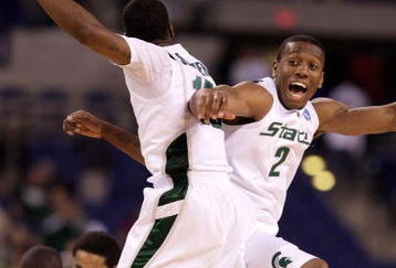 INDIANAPOLIS - MARCH 27:  Raymar Morgan #2 (R) and Durrell Summers #15 of the Michigan State Spartans celebrate their 67-62 win against the Kansas Jayhawks during the third round of the NCAA Division I Men's Basketball Tournament at the Lucas Oil Stadium on March 27, 2009 in Indianapolis, Indiana.  (Photo by Andy Lyons/Getty Images)