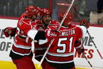 RALEIGH, NC - FEBRUARY 14:  Ray Whitney #13 of the Carolina Hurricanes celebrates with teammates Eric Staal #12 and Jeff Hamilton #51 after scoring against the Pittsburgh Penguins during their game at the RBC Center on February 14, 2008 in Raleigh, North Carolina.  (Photo by Streeter Lecka/Getty Images)