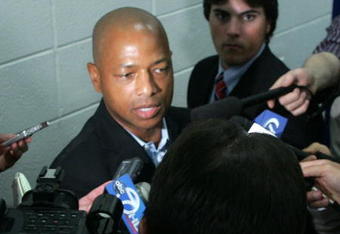 EAST RUTHERFORD, NJ - JUNE 10:  New York Giants Senior Vice President and General Manager Jerry Reese addresses the media at a press conference where Michael Strahan announced his retirement from the New York Giants on June 10, 2008 at Giants Stadium in East Rutherford, New Jersey.  (Photo by Andy Marlin/Getty Images)