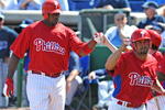 CLEARWATER, FL - FEBRUARY 28:  Infielder Ryan Howard #6 of the Philadelphia Phillies celebrates a home run against the Tampa Bay Rays February 28, 2009 at Bright House Field in Clearwater, Florida.  (Photo by Al Messerschmidt/Getty Images)