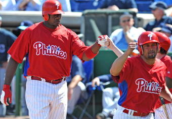 CLEARWATER, FL - FEBRUARY 28:  Infielder Ryan Howard #6 of the Philadelphia Phillies celebrates a home run against the Tampa Bay Rays February 28, 2009 at Bright House Field in Clearwater, Florida.  (Photo by Al Messerschmidt/Getty Images)
