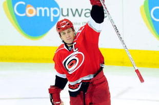 RALEIGH, NC - MARCH 25:  Captain Rod Brind'Amour of the Carolina Hurricanes celebrates after scoring a goal against the Ottawa Senators during the third period at the RBC Center on March 25, 2009 in Raleigh, North Carolina. Carolina won 2-1. (Photo by Grant Halverson/Getty Images)