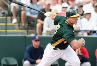 TEMPE, AZ - MARCH 08:  Matt Holliday #5 of the Oakland Athletics bats against the Cleveland Indians during the spring training game at Phoenix Municipal Stadium on March 8, 2009 in Tempe, Arizona. The A's defeated the Indians 8-5.  (Photo by Christian Petersen/Getty Images)