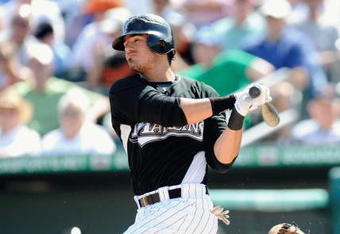 JUPITER, FL - FEBRUARY 27: Jorge Cantu #3 of the Florida Marlins bats against the Baltimore Orioles during a spring training game at Roger Dean Stadium on February 27, 2009 in Jupiter, Florida. (Photo by Rob Tringali/Getty Images)