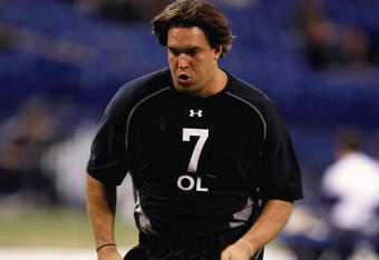 INDIANAPOLIS, IN - FEBRUARY 21:  Offensive lineman Eben Britton of Arizona runs in practice drills during the NFL Scouting Combine presented by Under Armour at Lucas Oil Stadium on February 21, 2009 in Indianapolis, Indiana. (Photo by Scott Boehm/Getty Images)