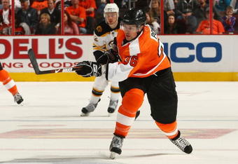 PHILADELPHIA - MARCH 29: Darrell Powe #36 of the Philadelphia Flyers skates against the Boston Bruins at the Wachovia Center on March 29, 2009 in Philadelphia, Pennsylvania.  (Photo by Chris McGrath/Getty Images)