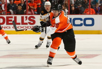 PHILADELPHIA - MARCH 29: Darrell Powe #36 of the Philadelphia Flyers skates against the Boston Bruins at the Wachovia Center on March 29, 2009 in Philadelphia, Pennsylvania.  (Photo by Chris McGrath/Getty Images)