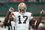 OAKLAND, CA - SEPTEMBER 23: Braylon Edwards #17 of the Cleveland Browns celebrates during an NFL game against the Oakland Raiders at McAfee Coliseum September 23, 2007 in Oakland, California. (Photo by Jed Jacobsohn/Getty Images) 
